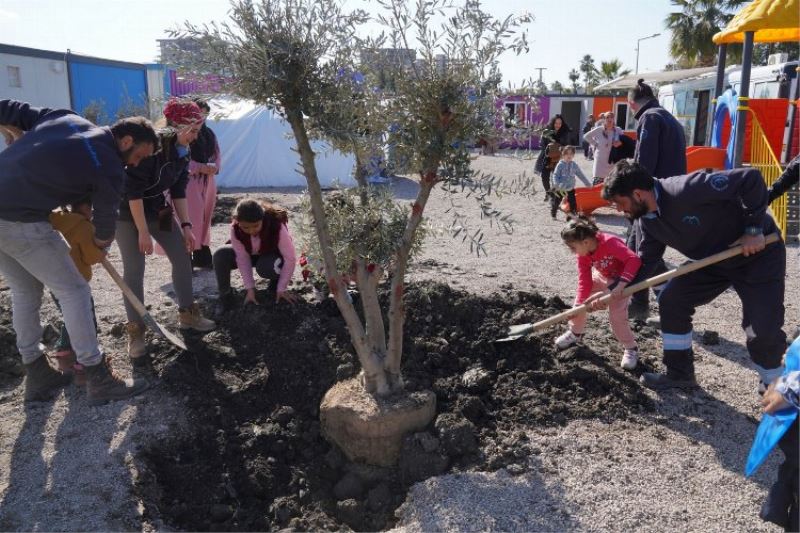 Zeytin ağaçlarına ilk can suyunu depremzedeli çocuklar verdi